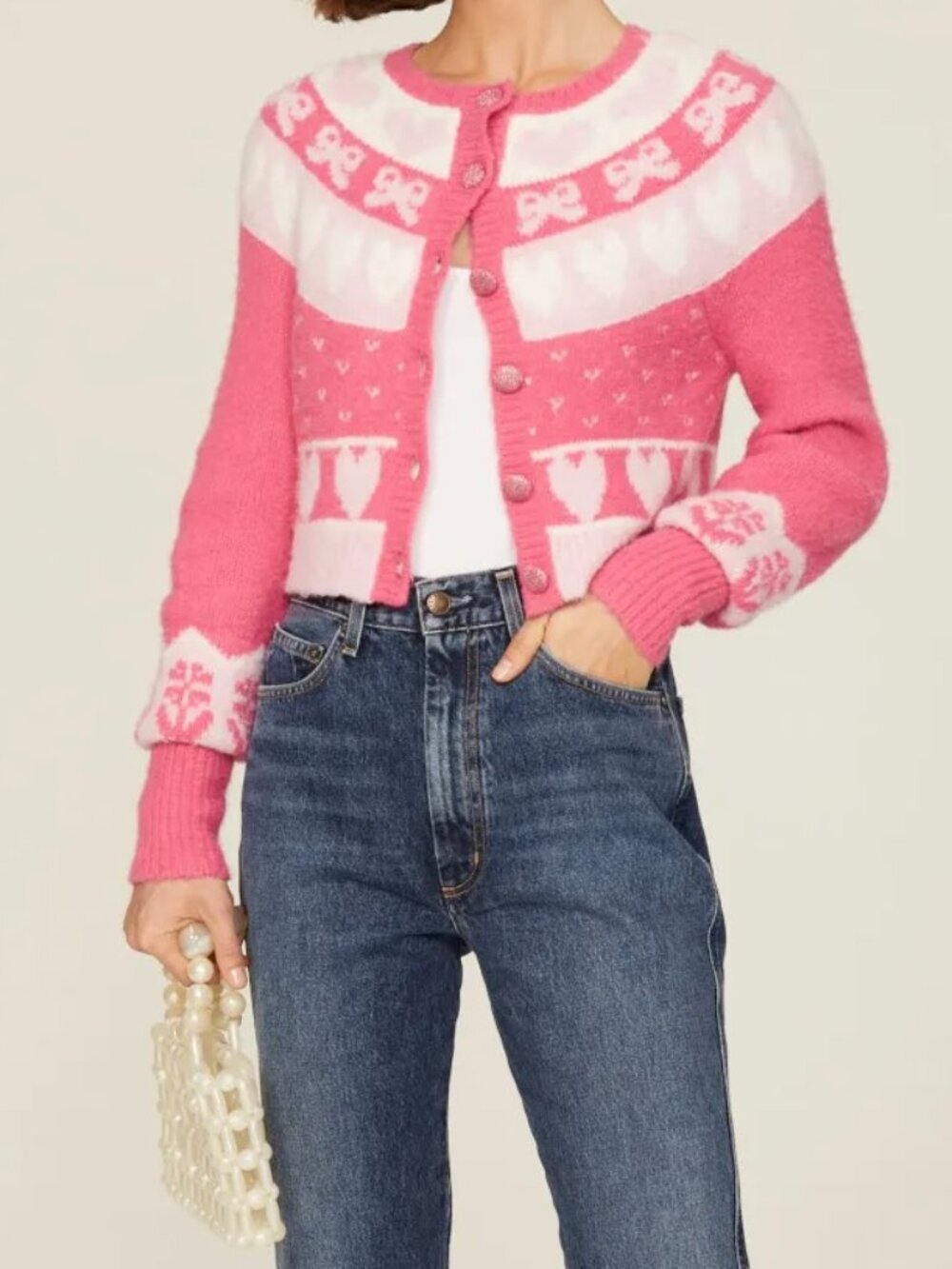 LoveShackFancy Dimples Pink Heart Bow Crop‎ Cardigan M